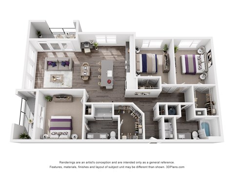 The Centennial | Glenn Perimeter A 3D floor plan of a house with a living room, kitchen, and two bedrooms.